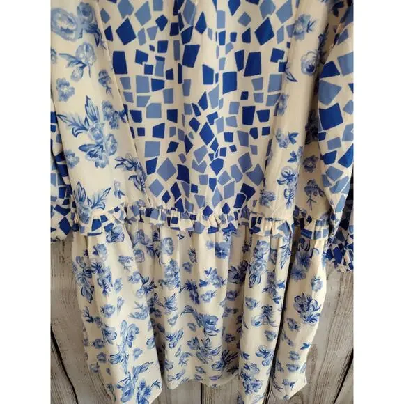 Tolani Collection Blue & White Geometric-Print Ruffle Trim Flowy Babydoll Dress - Picture 7 of 13